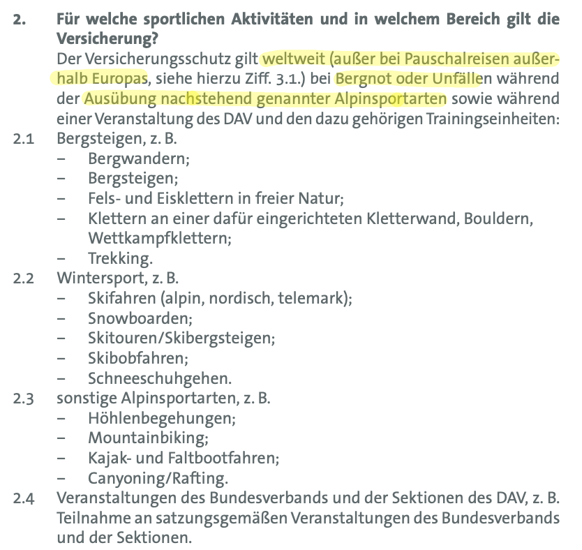 Auszug aus den Bedingungen der DAV-Versicherung (Punkt 2)